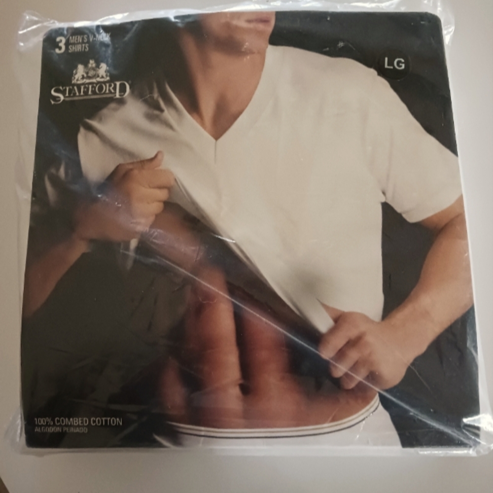 Vintage Stafford Men's White V-Neck T-Shirts Size L Combed COTTON